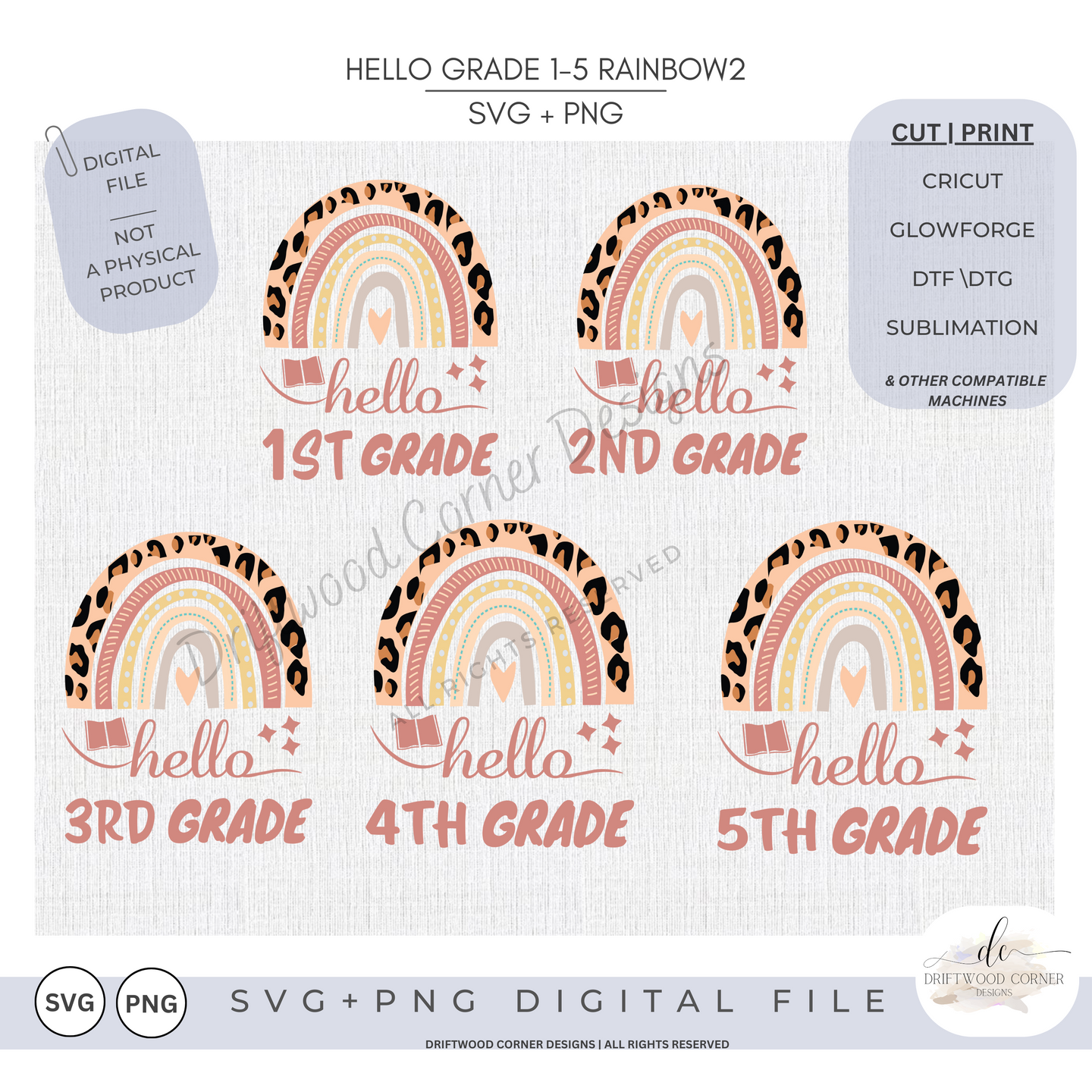 Hello Grades 1-5 Rainbow2 SVG + PNG Graphic Bundle